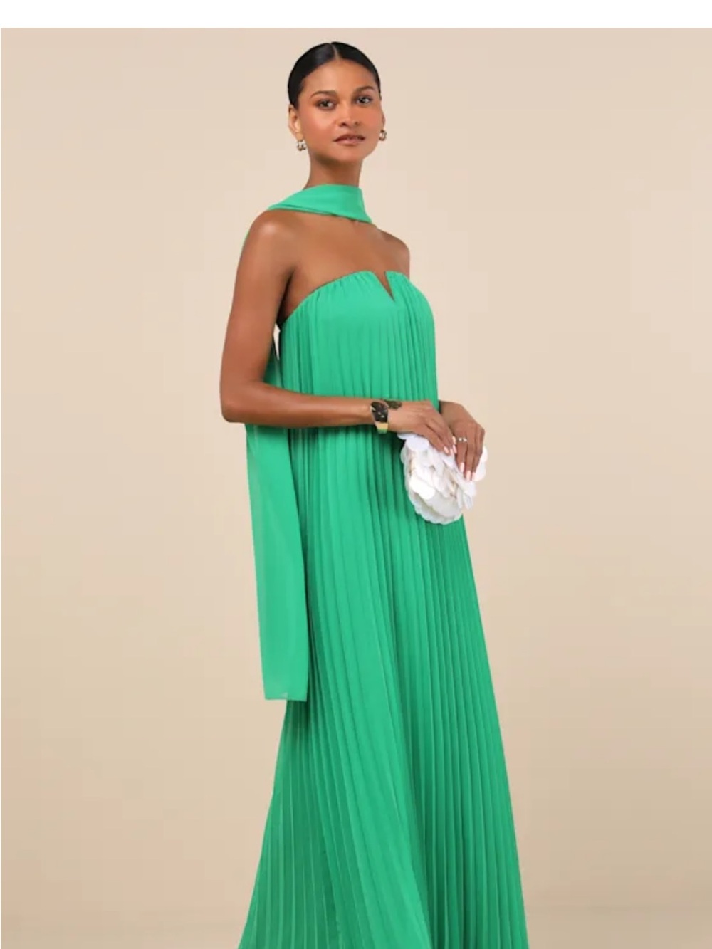 Lulu's Emerald Green Strapless Pleated Maxi with Neck Sash